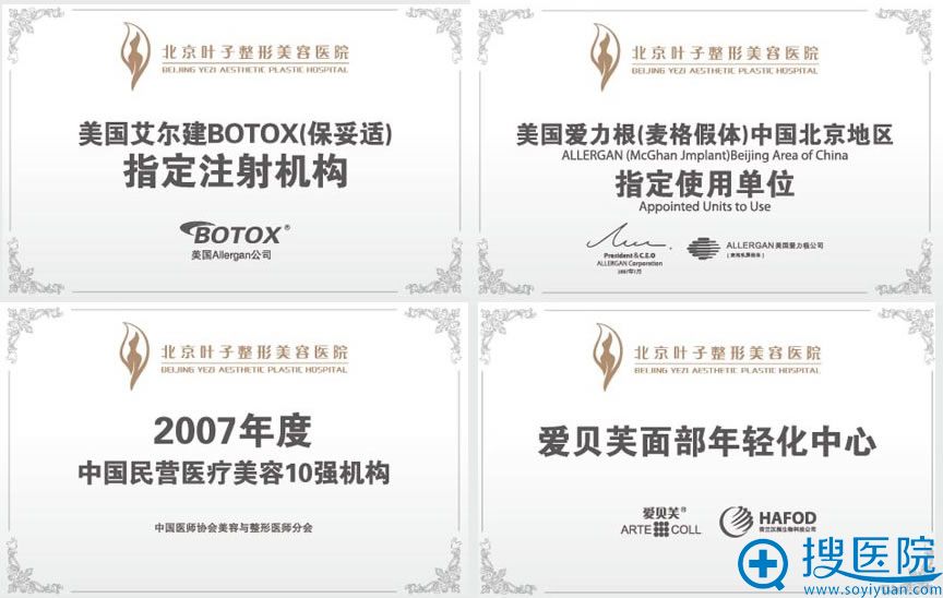 北京叶子整形医院荣誉证书 北京叶子整形医院荣誉证书