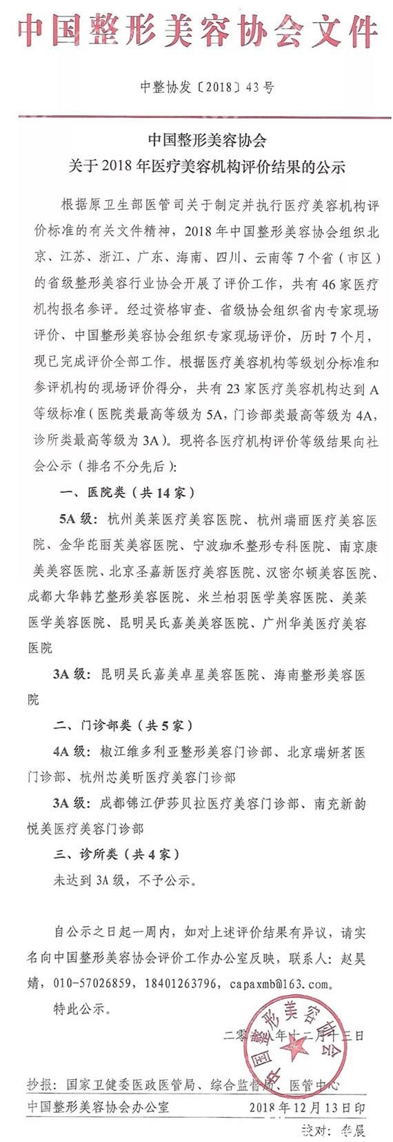 中整协2018医疗美容机构评级结果 中整协2018医疗美容机构评级结果