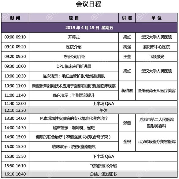 2019光电及注射美容学习班4月19日日程表 2019光电及注射美容学习班4月19日日程表