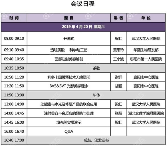2019光电及注射美容学习班4月20日日程表 2019光电及注射美容学习班4月20日日程表